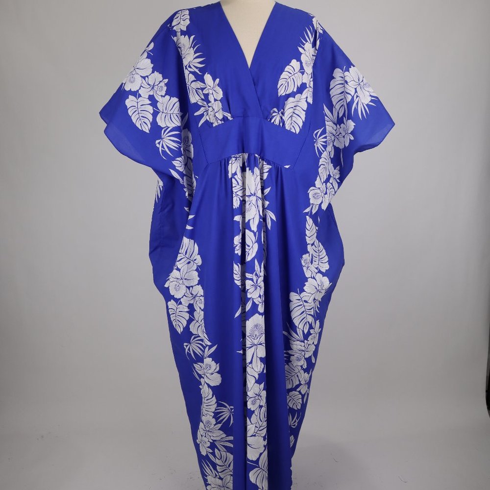 🌺 Vtg Blue White Hawaiian Tropical Floral Caftan Dress Beach Cover Up Hostress